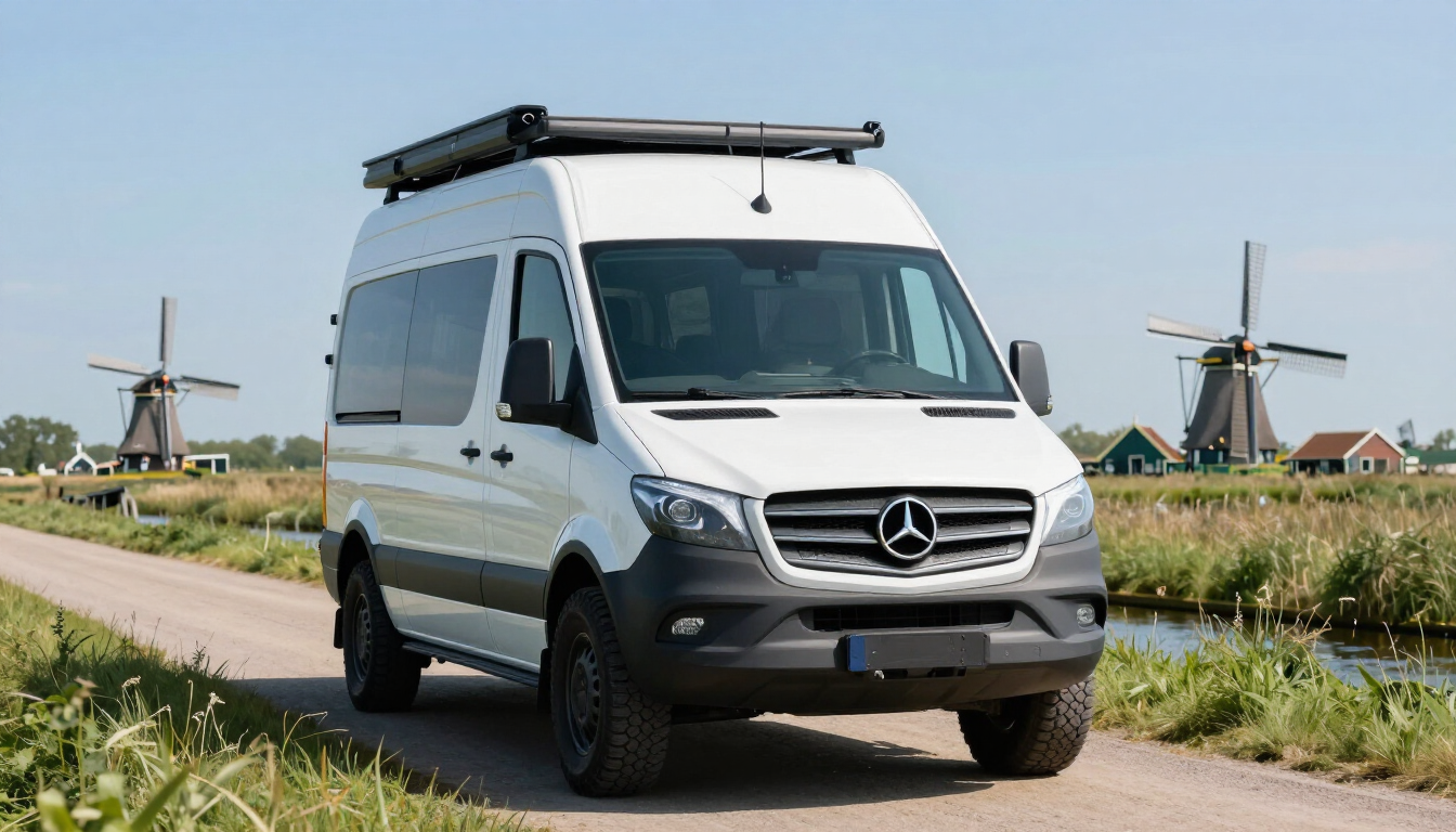 Witte Mercedes-Benz Sprinter voor de reis naar Gambia