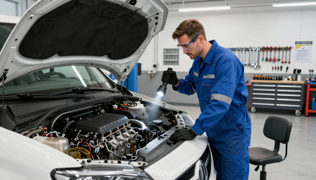 Monteur controleert de motor in de garage