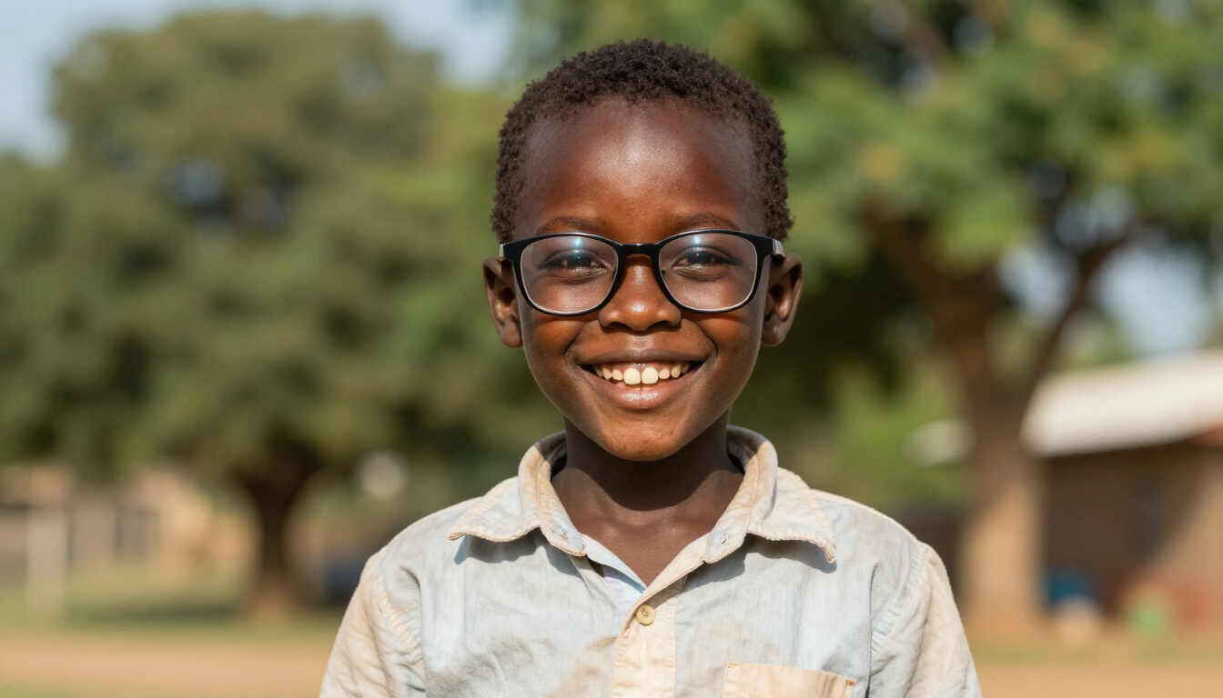 Een kind in Gambia met een nieuwe bril dankzij Stichting Zienderogen