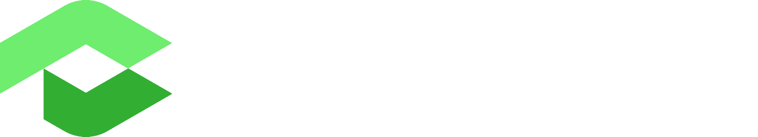 Green geometric logo with a stylized cube on a white background