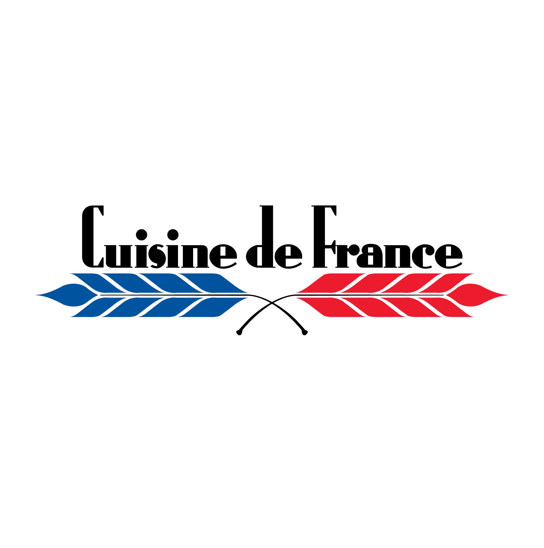 Cuisine de France logo: text above blue and red stylized wheat stalks crossing, symbolizing French cuisine.