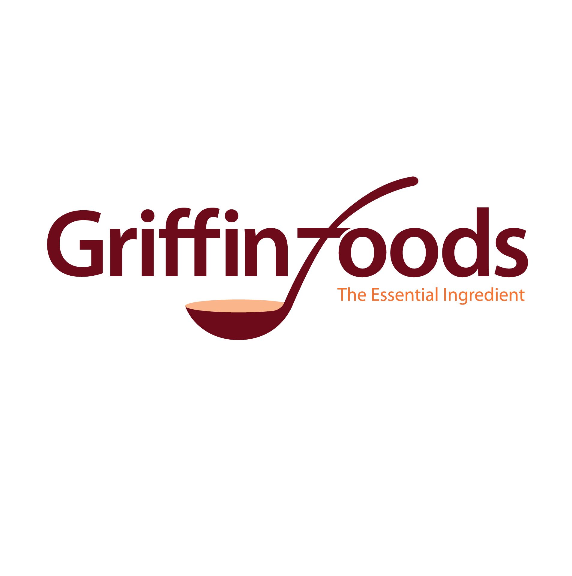 Griffin Foods logo with dark red text and a spoon-shaped design holding a brown liquid; tagline 
