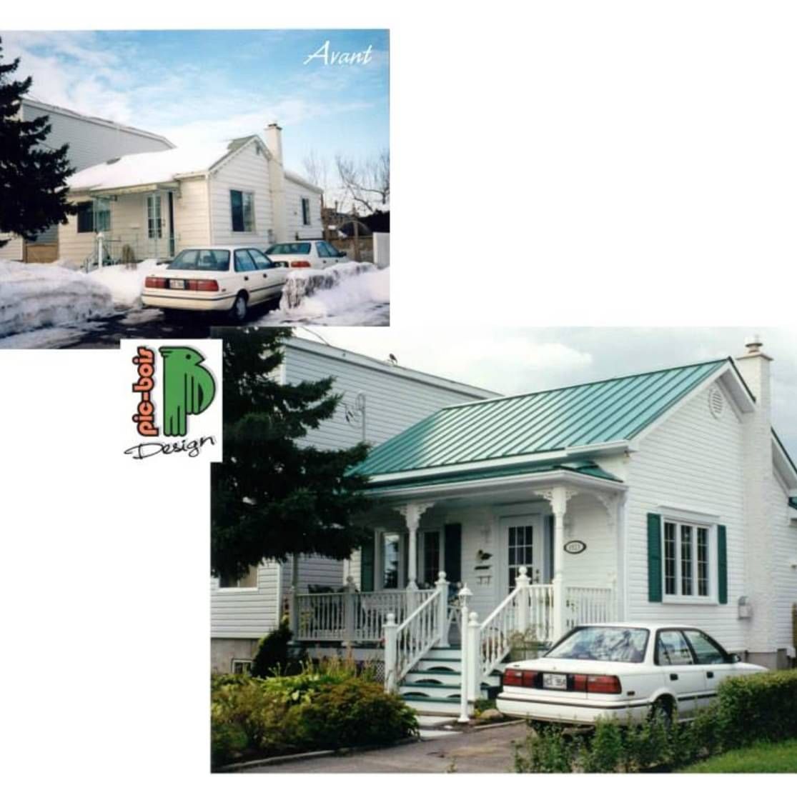 Une photo d'une maison blanche avec un toit vert