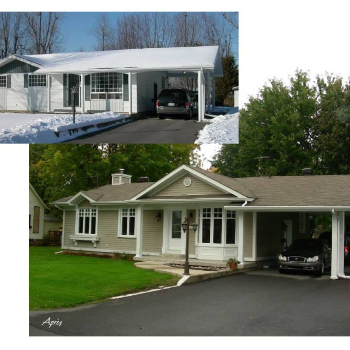 Deux photos : maison avec abri voiture, paysage hivernal enneigé et pelouse verte en été. Voiture garée sous l'abri voiture sur les deux photos.