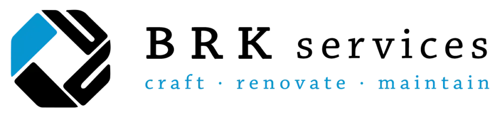 BRK services logo: Octagon with blue and black sections, text "BRK services", below "craft &middot; renovate &middot; maintain".