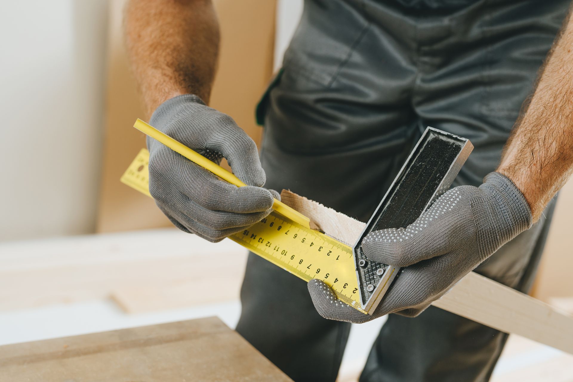 A person wearing grey work gloves using a yellow square tool and pencil to mark a wooden board.
