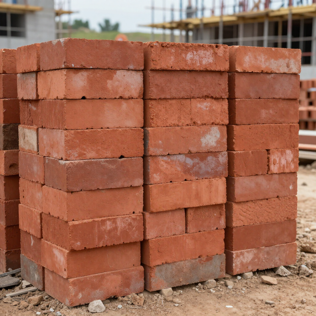 Una pila de ladrillos de arcilla roja reposa sobre una superficie de tierra en una obra en construcción.