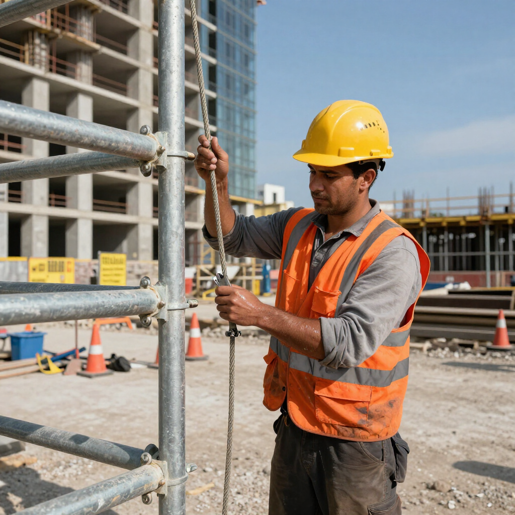 Un obrero de la construcción, con casco amarillo y chaleco de seguridad naranja, trabaja con una cuerda