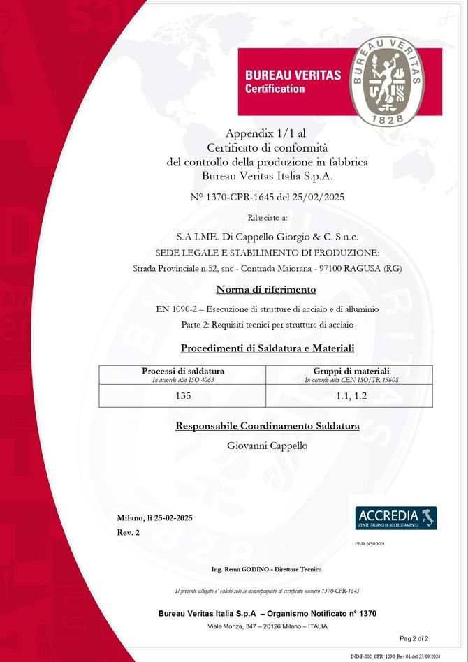 Certificato Bureau Veritas su sfondo bianco e rosso con sigillo ufficiale e testo di approvazione.