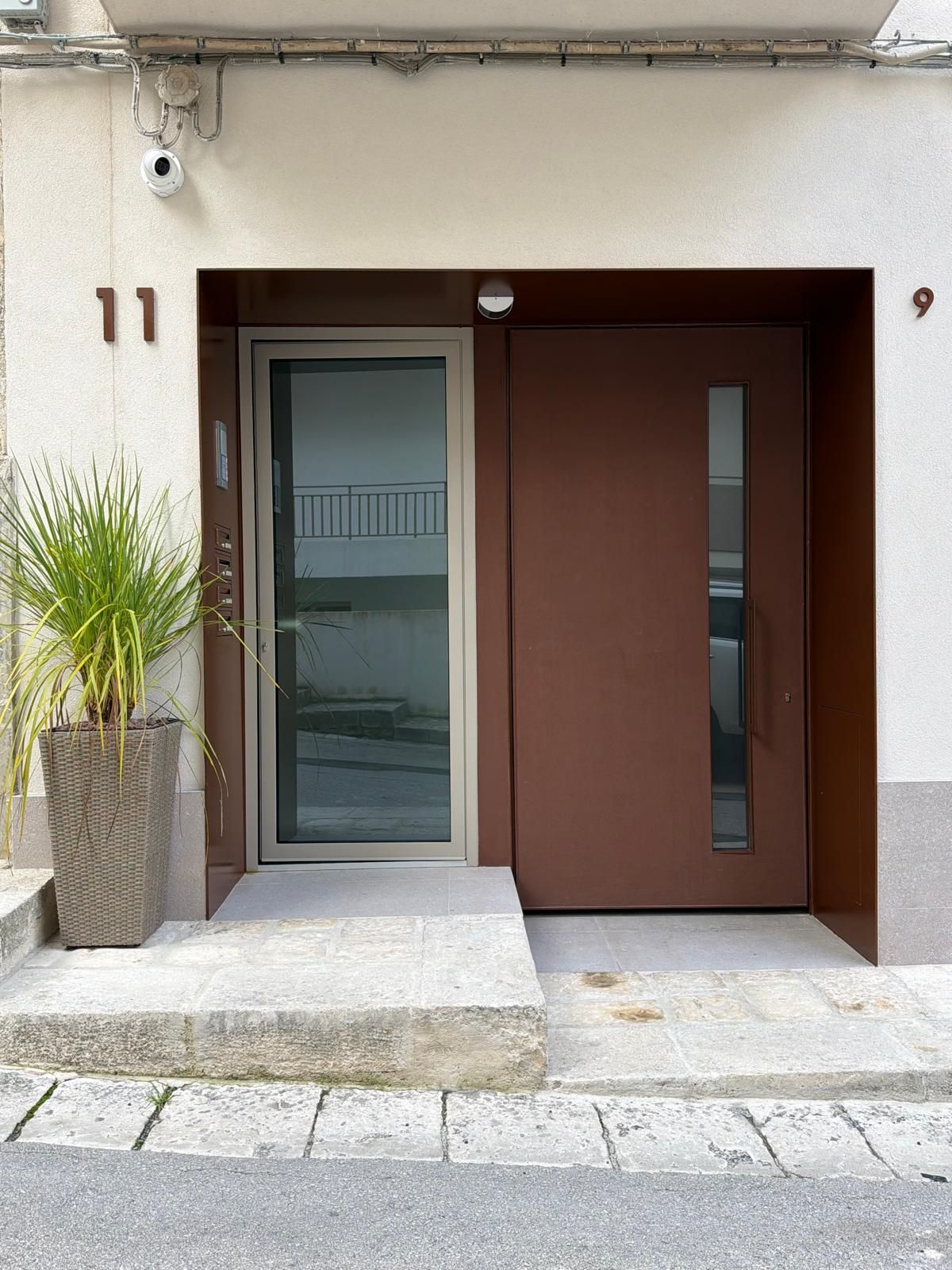 Porta d'ingresso moderna con pannello marrone scuro, finestra laterale in vetro e pianta in vaso accanto a un piccolo gradino.