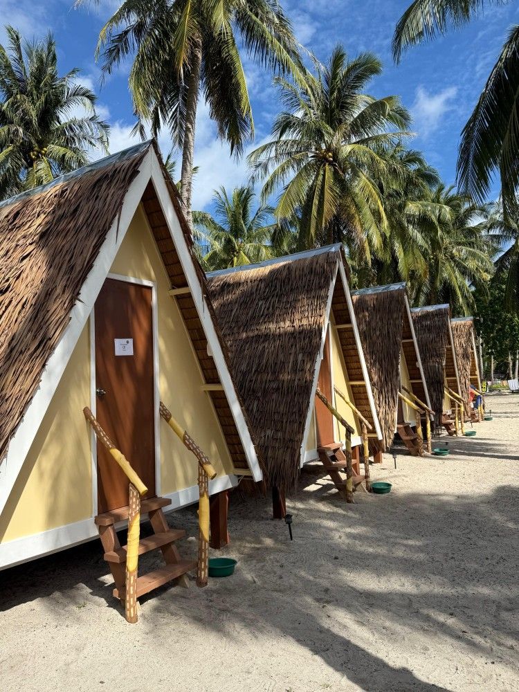 A row of thatched beach huts under palm trees on a sunny tropical shore