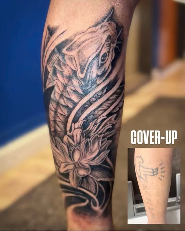 A tattoo cover-up showing a large black-and-grey koi fish and lotus design, with a small inset of the original tattoo.