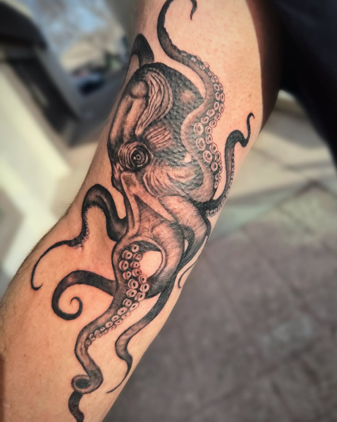 Black and grey ink tattoo of an octopus with detailed tentacles on a person's forearm.