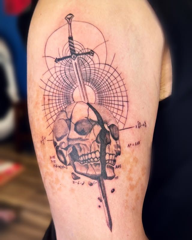 A black-ink tattoo on an upper arm showing a sword piercing a fractured skull, set against a geometric, circular backdrop.