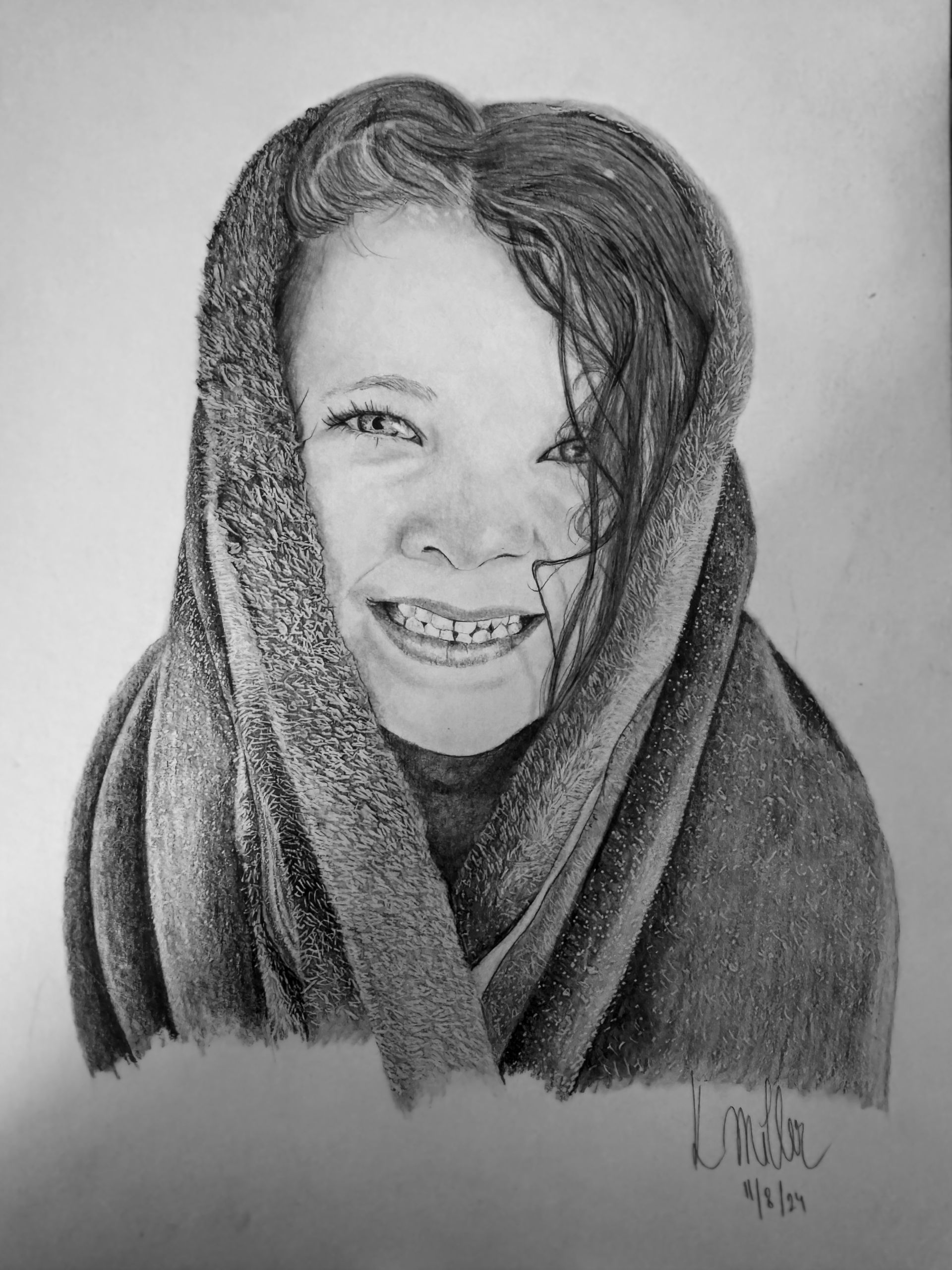 Pencil sketch of a smiling person with a scarf draped over their head and shoulders.