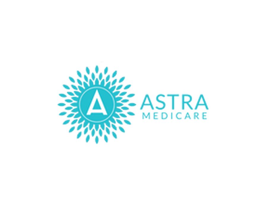 Logo for Astra Medicare: A teal-colored sunburst design surrounds a teal circle with a white