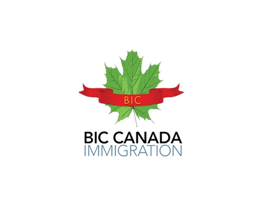 Logo of BIC Canada Immigration featuring a green maple leaf with a red banner and text