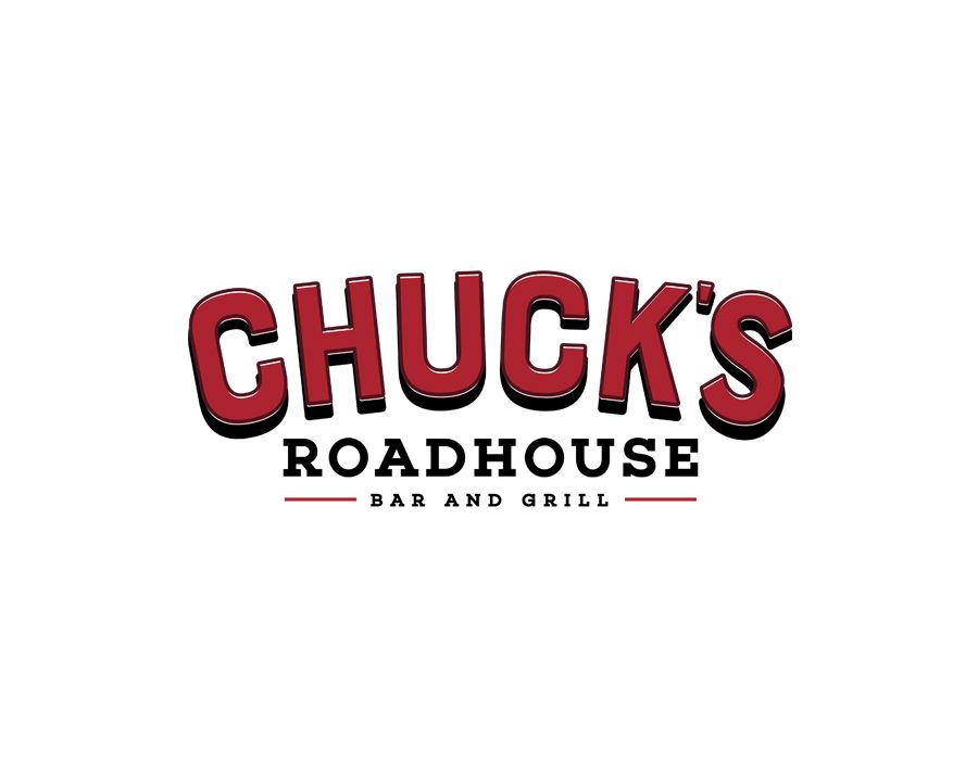 Chuck's Roadhouse Bar and Grill logo. Red, bold text with a black shadow effect on a white background.