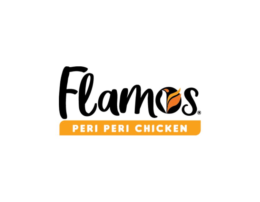 Logo for Flamos Peri Peri Chicken: Black cursive font with an orange and black flame icon, and an orange text box with the words