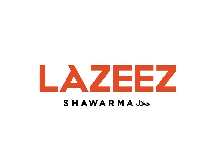 Logo for Lazeez Shawarma. Orange text