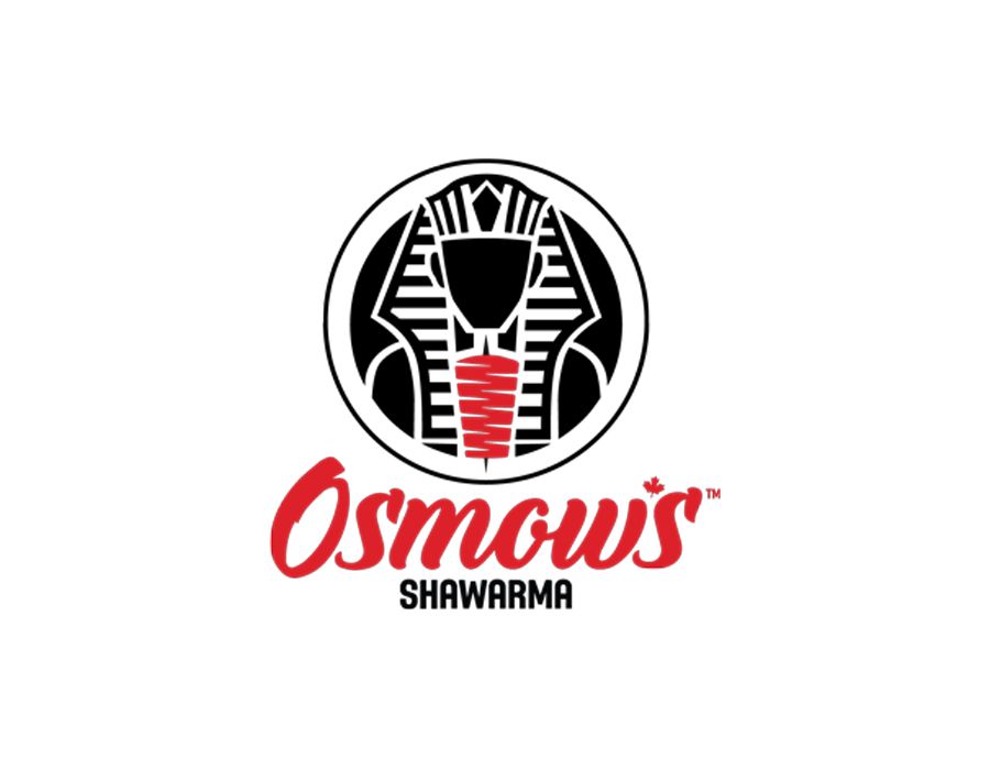 Logo for Osmow's Shawarma: Features a red and black logo, a stylized image of a shawarma with a Pharoah design inside a circle, with the name in red cursive text below.
