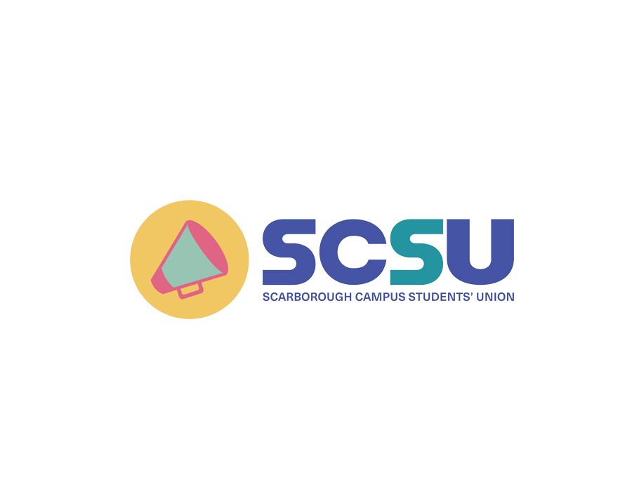 Logo for Scarborough Campus Students' Union (SCSU). The logo features a megaphone icon in a yellow circle and the letters