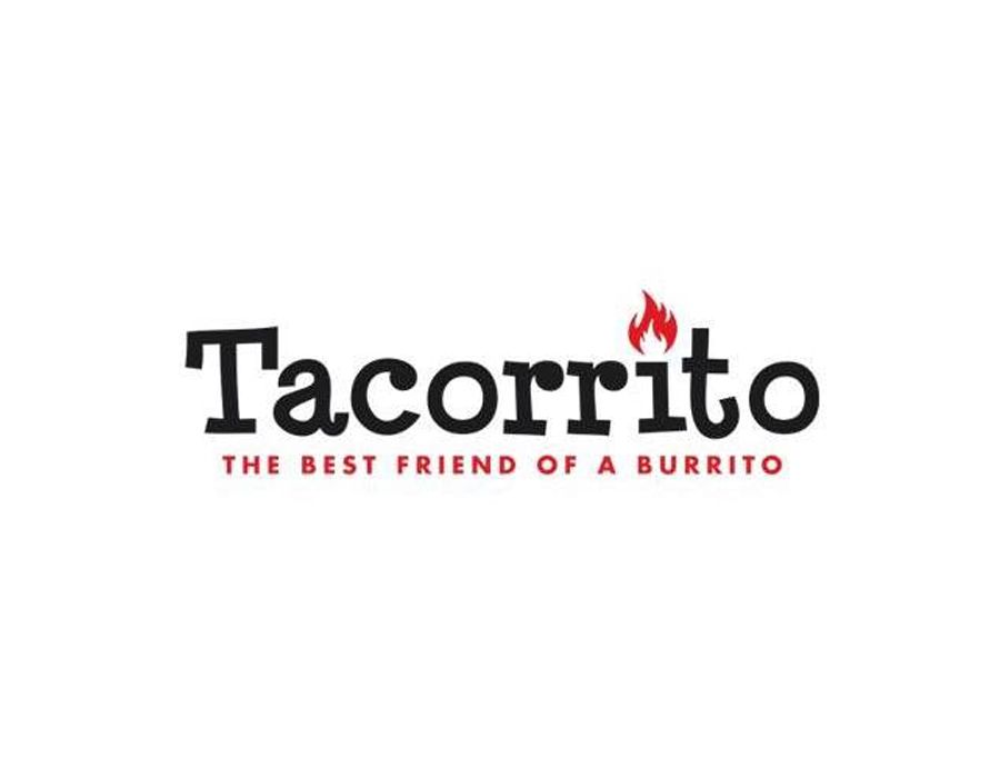 Logo for Tacorrito restaurant, in black text with a small red flame icon, and tagline