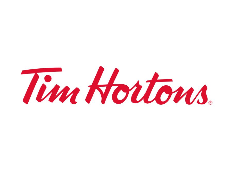 Tim Hortons logo in red script on a white background.