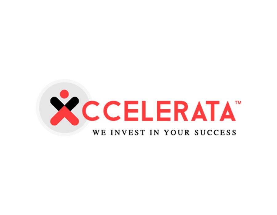 Logo for Accelerata, a company, with a red and black abstract figure inside a gray circle, and the text