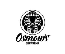 Black and white Osmow's Shawarma logo featuring a pharaoh-like figure in a circle. The word "Osmow's" is in cursive below.