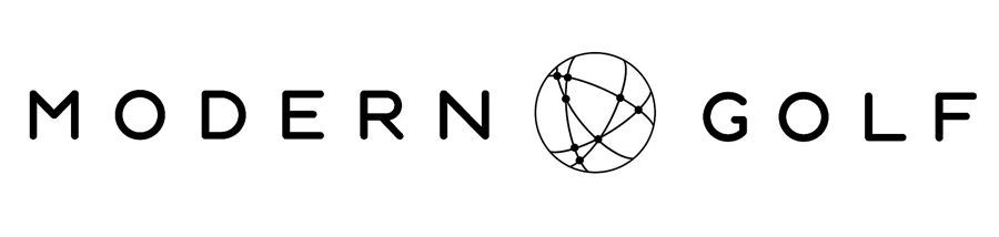 Logo for Modern Golf: Text reads "MODERN GOLF" with a globe icon centered between the words.