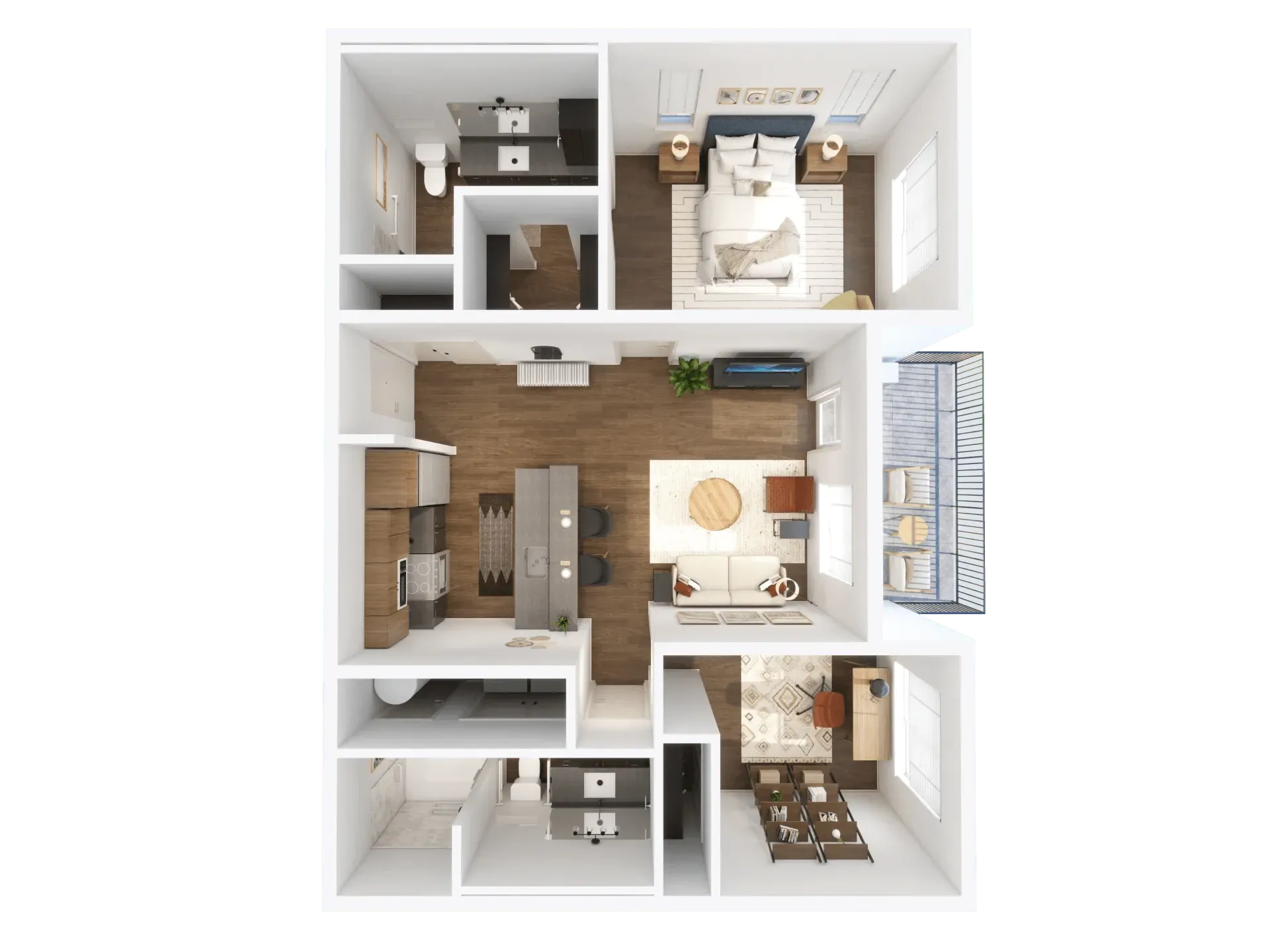 Top-down view of a furnished apartment floor plan with living room, kitchen, bedroom, bath, and balcony.
