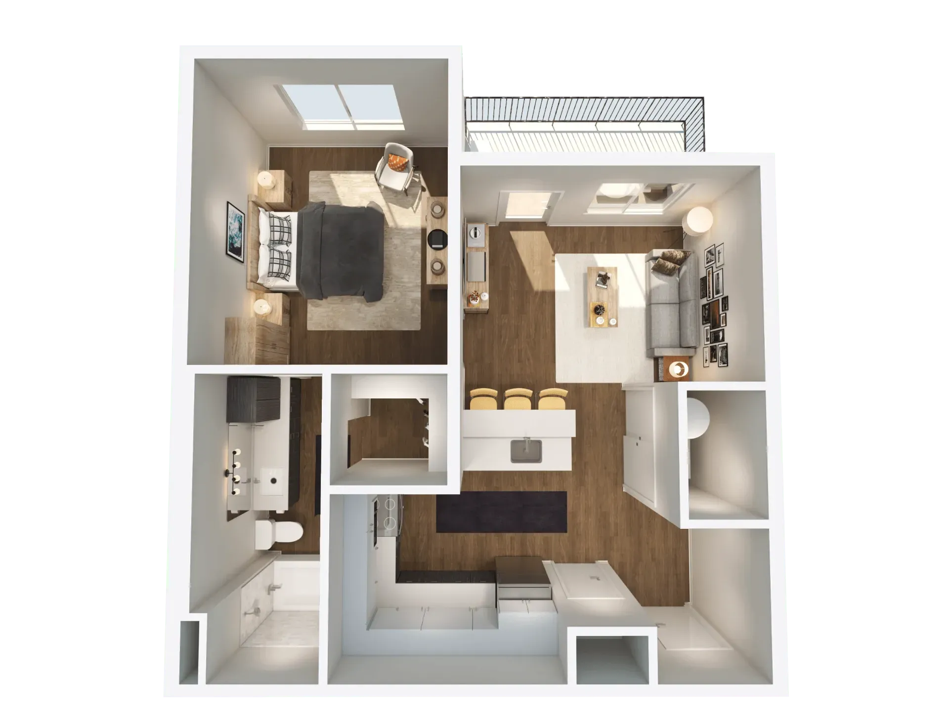 Top-down view of a modern apartment floor plan with bedroom, bathroom, kitchen, and living area.
