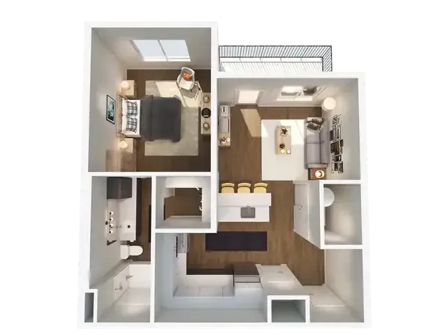 Overhead floor plan of a modern apartment with a bedroom, living room, kitchen, and balcony.