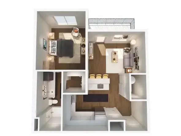 Overhead floor plan of a modern apartment with a bedroom, living room, kitchen, and balcony.