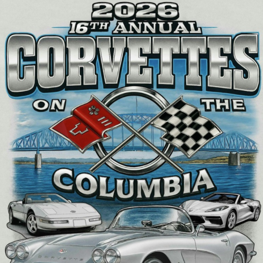 An AI generated image of Corvettes in front of the Columbia river