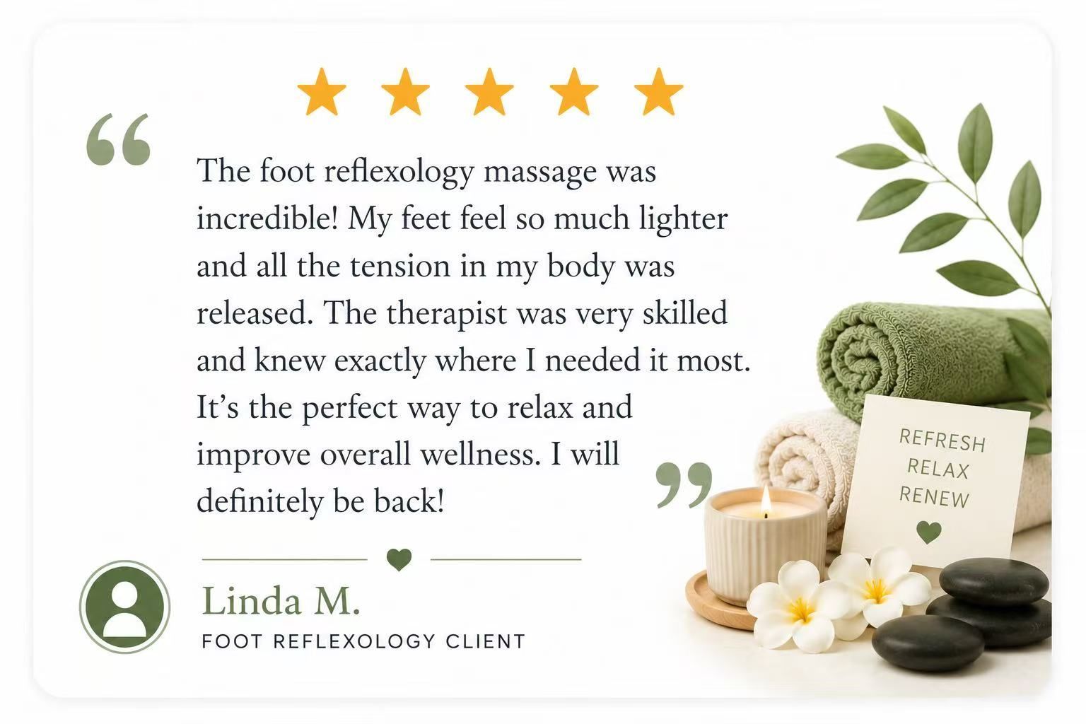 5-star foot reflexology client review for Healing Hands Spa in Novi, MI