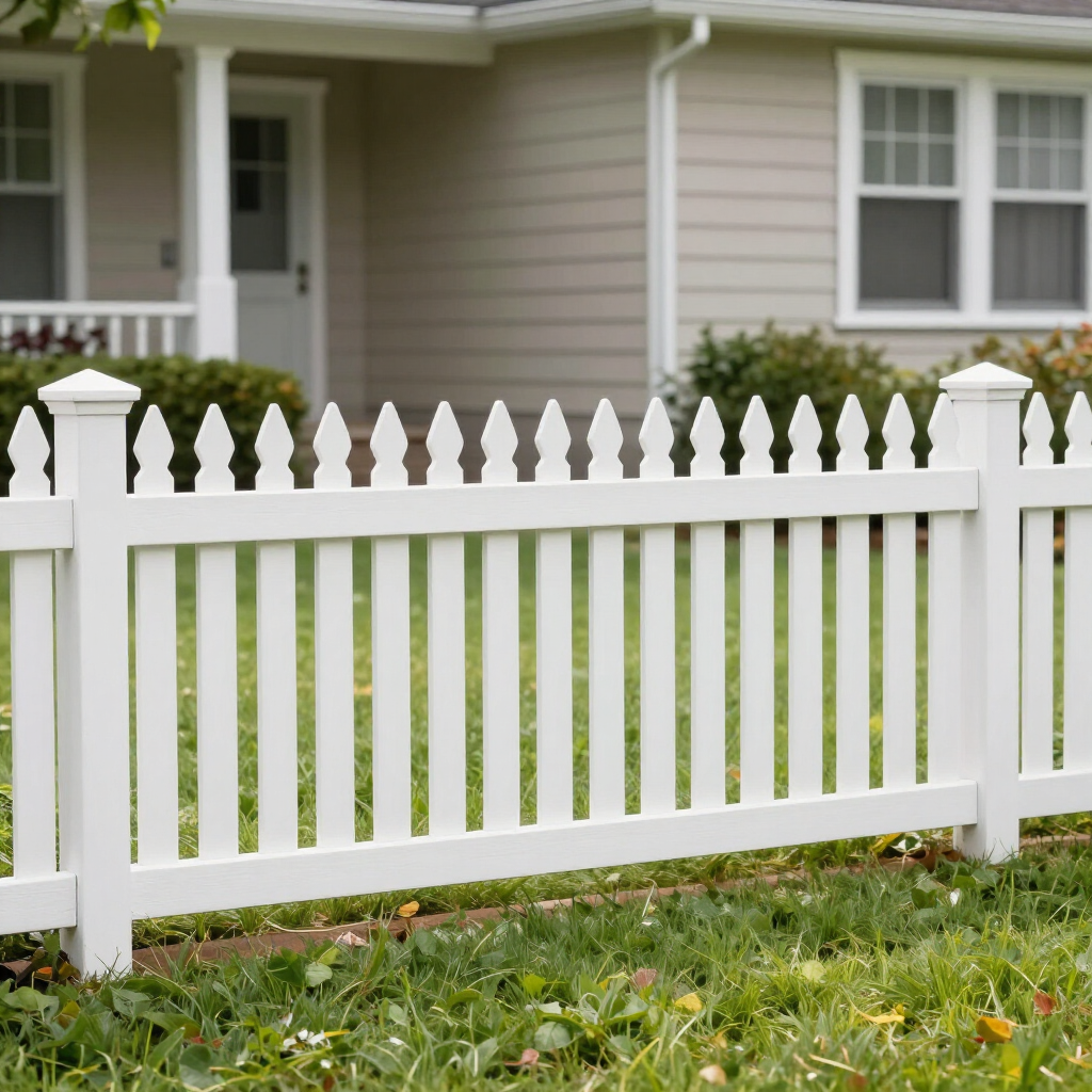 White picket fence in front of a house with green lawn and shrubs