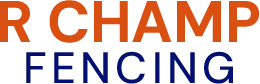 R Champ Fencing logo with orange “R CHAMP” and blue “FENCING” text on white background