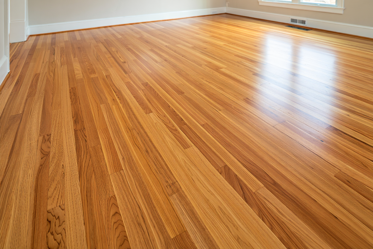 Empty room with polished hardwood floors and white walls, lit by sunlight from a window