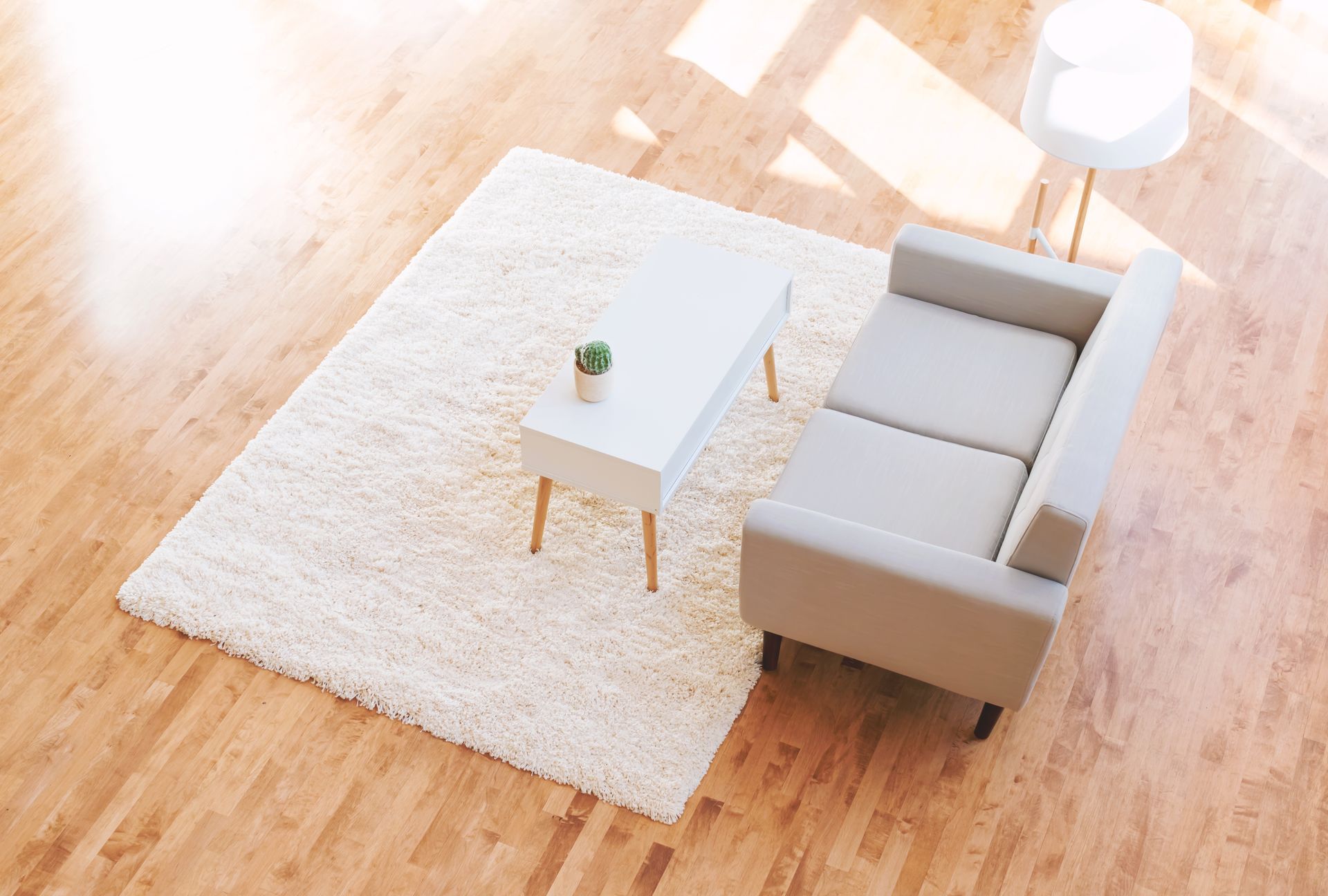 An aerial view of a living room with a couch , table and rug.