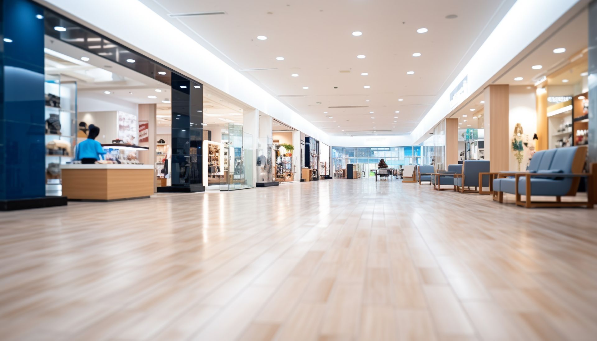 A long hallway in a shopping mall with a wooden floor.