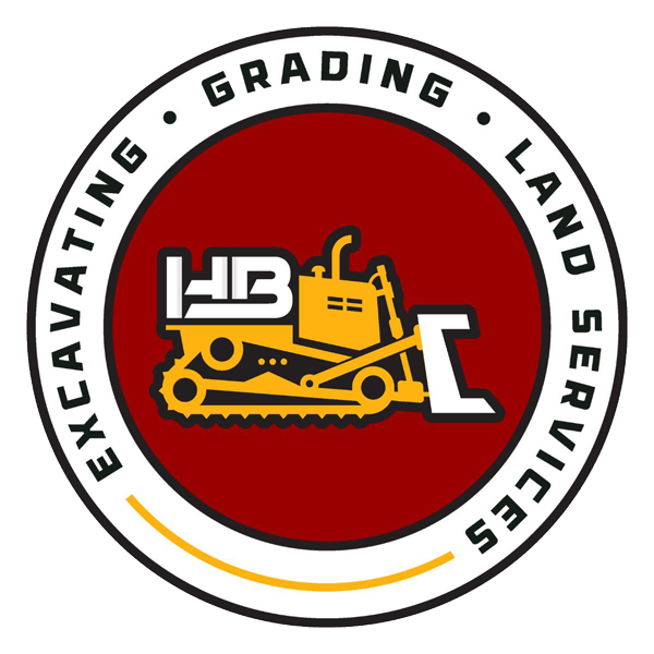 Logo for "HB Excavating, Grading, Land Services" featuring a yellow bulldozer silhouette on a red circular background.