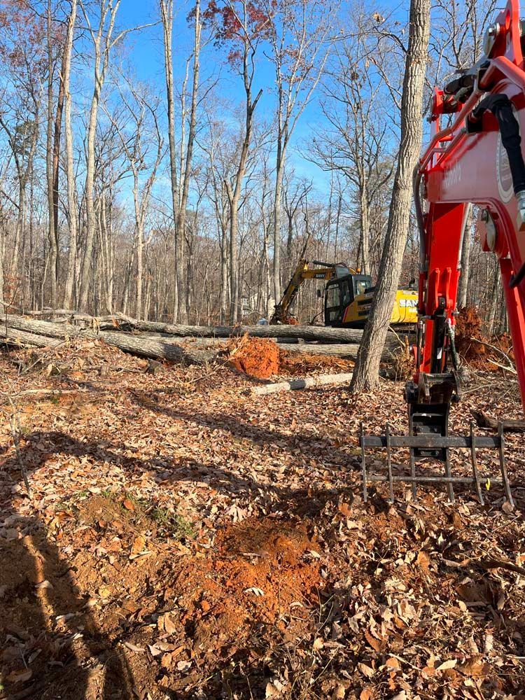 A bright red excavator with a log grapple sits in a wooded area with fallen trees and a yellow bulldozer in the distance.