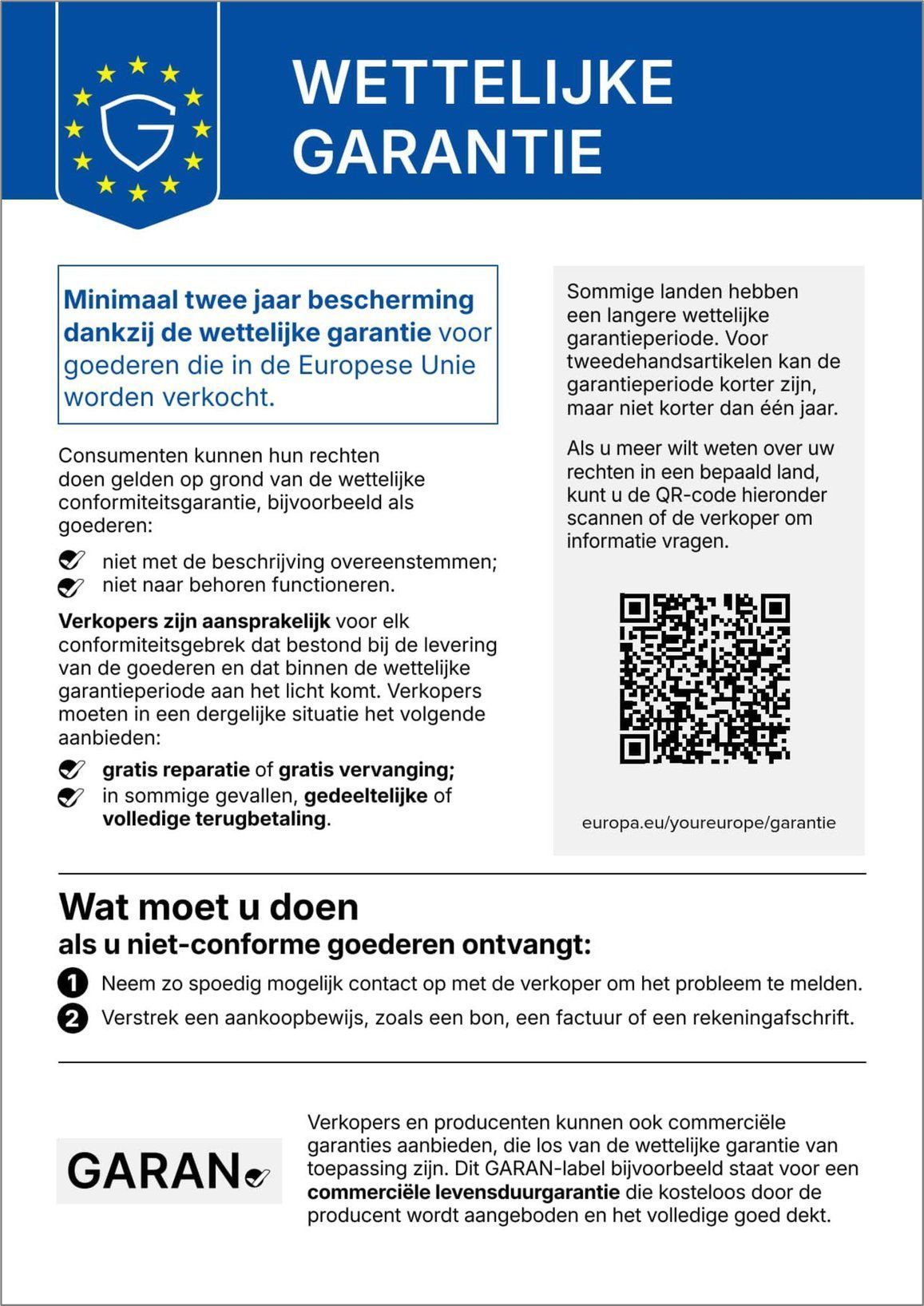 Wettelijke garantie - minimaal twee jaar bescherming dankzij de wettelijke garantie voor goederen die in de Europese Unie worden verkocht