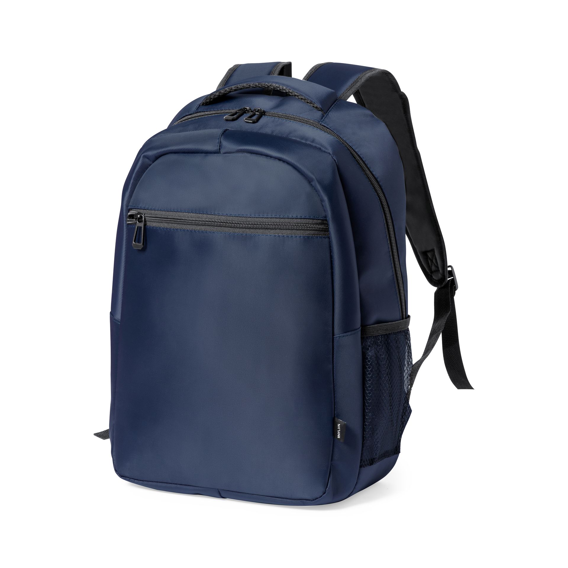 Una mochila azul oscuro con múltiples compartimentos, bolsillo frontal con cremallera, asa superior y portabotellas lateral de malla.