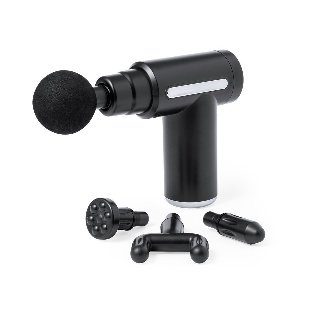 Una pistola de masaje eléctrica portátil de color negro con un accesorio de bola de espuma, acompañada de tres cabezales intercambiables adicionales.