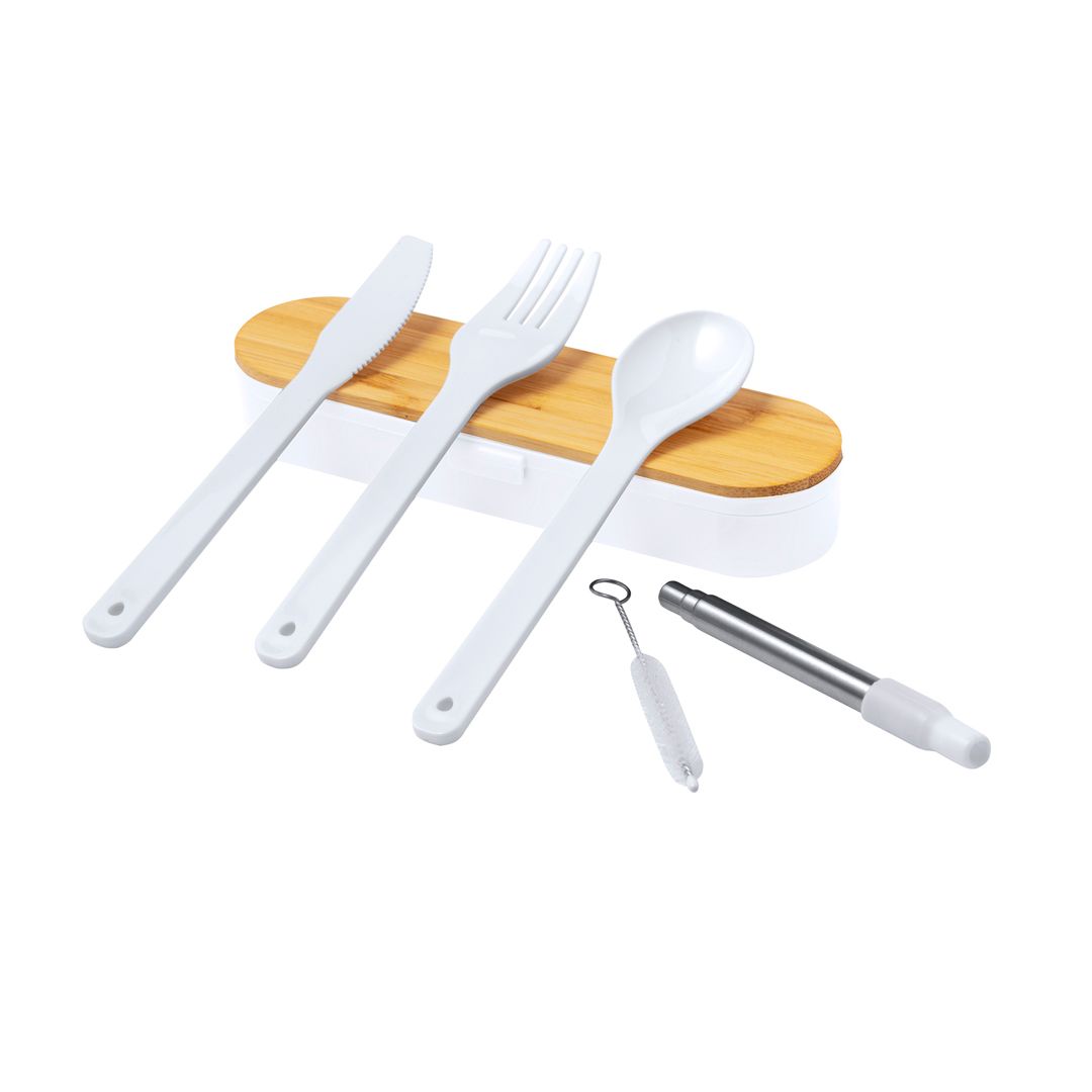 Un juego de cubiertos de viaje blancos que incluye un cuchillo, un tenedor y una cuchara, con un estuche con tapa de bambú, una pajita y un cepillo de limpieza.