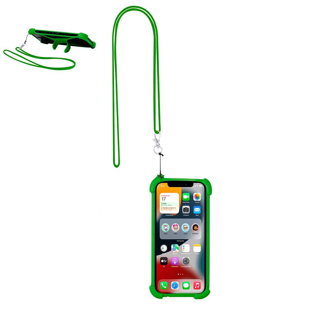 Una funda verde brillante para smartphone con un cordón incorporado, que se muestra tanto vacía como sosteniendo un teléfono con los iconos de la pantalla visibles.