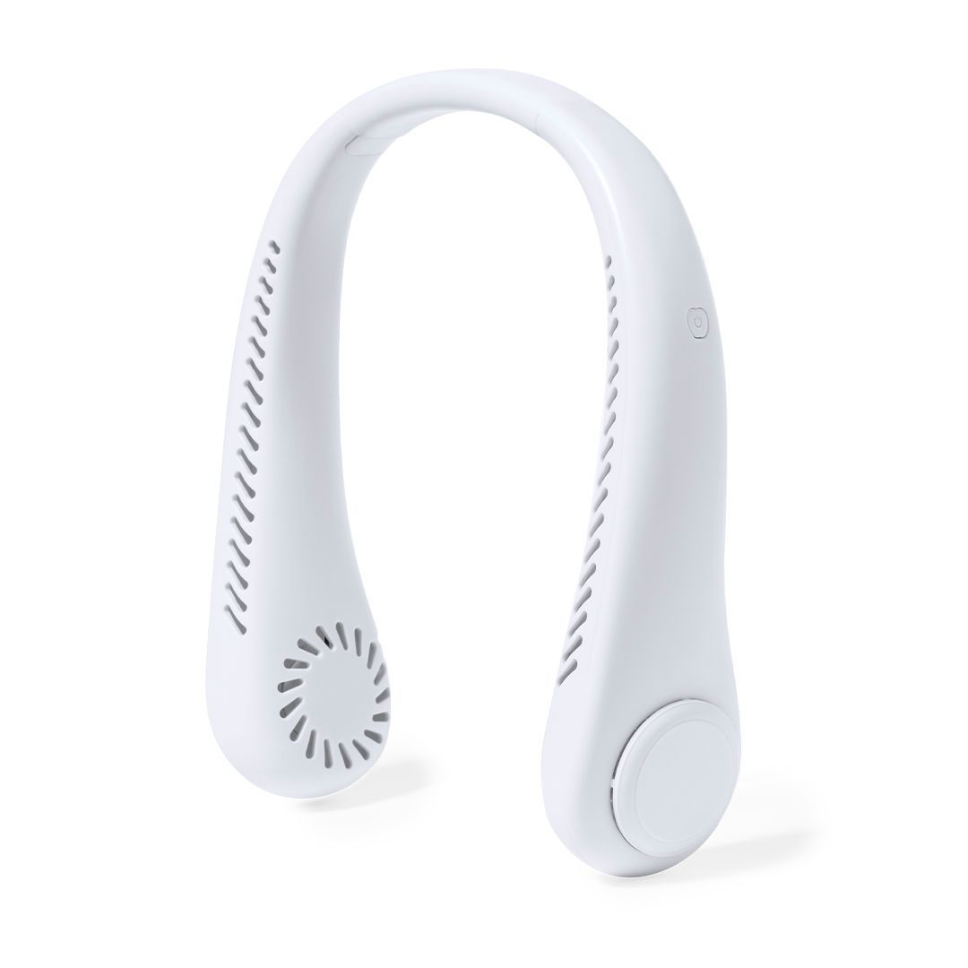 Un ventilador portátil de cuello, de color blanco y con forma de herradura, con rejillas de ventilación a lo largo de los brazos interiores y un botón de control en el lateral.